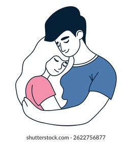 Loving Couple Hugging. Cute Romantic Man and Woman. Minimalist Doodle drawing portrait. Vector Illustration