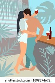 A loving couple hugging and drinking wine, surrounded by tropical leaves.