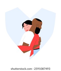 Loving Couple Hugging Inside A Heart Shape In Flat Vector Illustration Symbolizing Affection, Emotional Bond, And Relationship, Isolated On White Background.