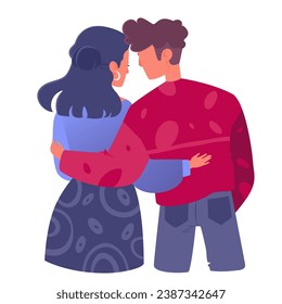 Una pareja amorosa abrazándose mientras se inclinan la cabeza hacia el otro, vista atrás. Mujeres y hombres románticos abrazándose, apoyándose mutuamente. Comunicación entre personas, relaciones. Ilustración vectorial en dibujos animados 