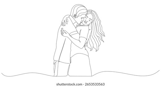 Loving Couple Hugging – Minimalist One Line Drawing of Romantic Embrace