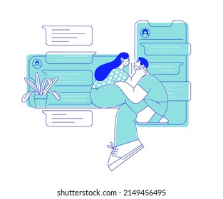 Liebendes Paar umarmt auf dem Hintergrund der Nachricht. Vektorvorlage im flachen Stil mit Umriss. Vernetzung. Chatting. Dating, Kommunikation im Internet. Romantische Illustration, Line Art, minimal. Online.