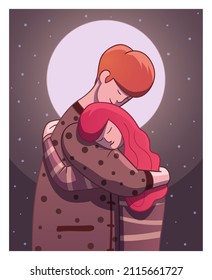 Loving couple hugging under the moon. Happy Valentine's Day concept. Couple in love hugging drawing art. Valentine's Vector Illustration