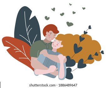 A loving couple hugs. Cartoon style for Valentine's Day, wedding, etc. Flat art. A man and a woman are in love. Vector illustration.