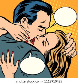 loving couple hugs. Comic cartoon pop art retro vector illustration drawing