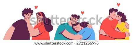 Loving couple hugs each other showing affection. Set of scenes with happy boy and girl partners in embraces. Romantic boyfriend and girlfriend on Valentines day celebration. Vector illustration.