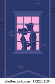 Loving couple hugs standing near the window. Illustration of a guy kisses a girl. Vector cartoon illustration. Neighbors.