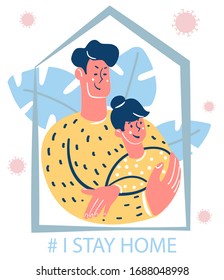 Loving couple hugs. stay at home awareness social media campaign and coronavirus prevention modern vector illustration