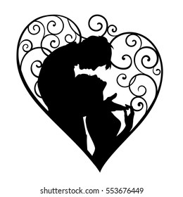 Loving couple inside decorative heart with curls. Black sketch silhouette isolated on white background. For wedding and Valentine day cards and invitations.