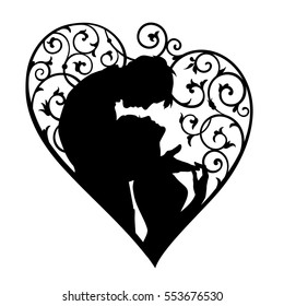 Loving couple inside decorative heart with swirls. Black sketch silhouette isolated on white background. For wedding and Valentine day cards and invitations.