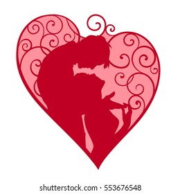 Loving couple inside decorative heart with curls. Red and pink silhouette isolated on white background. For wedding and Valentine day cards and invitations.