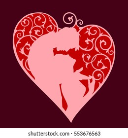 Loving couple inside decorative heart with swirls. Red colored silhouette on dark background. For wedding and Valentine day cards and invitations.