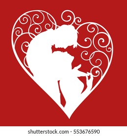 Loving couple inside decorative heart with curls. White sketch silhouette on red background. For wedding and Valentine day cards and invitations.