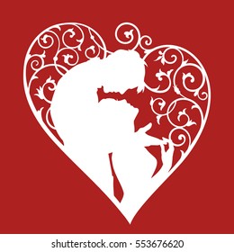 Loving couple inside decorative heart with swirls. White silhouette on red background. For wedding and Valentine day cards and invitations.