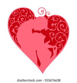 Loving couple inside decorative heart with swirls. Red colored silhouette isolated on white background. For wedding and Valentine day cards and invitations.