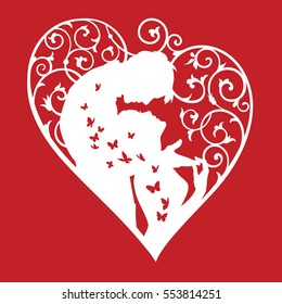 Loving couple inside decorative heart with swirls and butterflies. White silhouette on red background. For wedding and Valentine day cards and invitations.
