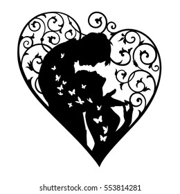 Loving couple inside decorative heart with swirls and butterflies. Black silhouette isolated on white background. For wedding and Valentine day cards and invitations.