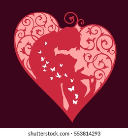 Loving couple inside decorative heart with swirls and white butterflies. Red colored silhouette on dark background. For wedding and Valentine day cards and invitations.