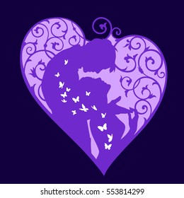 Loving couple inside decorative heart with swirls and white butterflies. Violet colored silhouette on dark background. For wedding and Valentine day cards and invitations.
