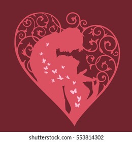 Loving couple inside decorative heart with swirls and butterflies. Red colored silhouette on dark background. For wedding and Valentine day cards and invitations.
