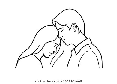 A loving couple intimately connected with closed eyes monochrome simple line art