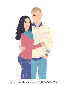 Loving couple isolated on white background. Happy guy and girl dressed in jeans and sweaters walking and hugging. Young man and woman in love. Pair on romantic date. Vector flat illustration.