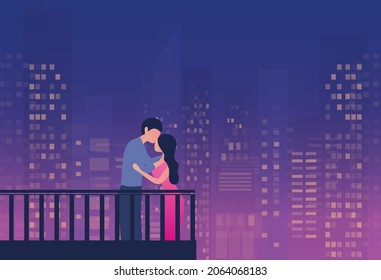 Loving couple kissing at balcony in night cityscape vector illustration. Love, valentine, and anniversary concept