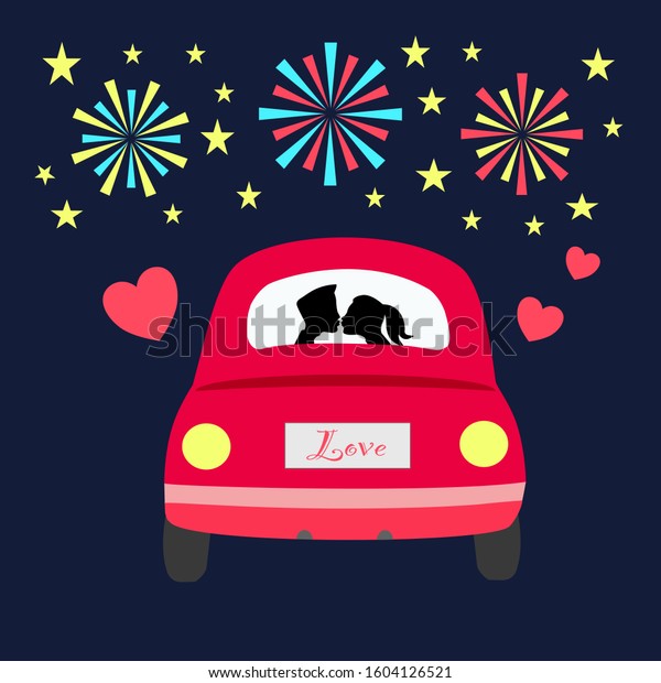 Loving couple kissing in car with fireworks\
in the sky vector\
illustration.