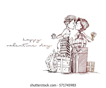 Loving couple kissing couple kissing each other on a valentine gift.