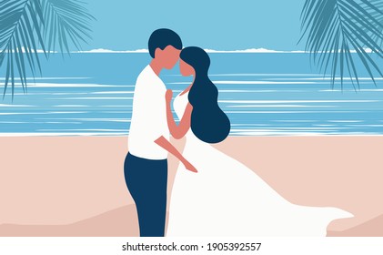 Loving couple kissing on the beach background vector illustration. Love, romantic and happy valentine concept 