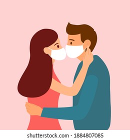 Loving couple kissing in protective mask. Love in covid19 Coronavirus quarantine pandemic times. Design for Valentine’s Day greeting card, poster, banner.