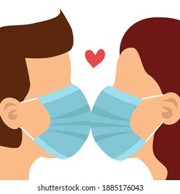 Loving couple kissing in protective mask. Love in covid19 Coronavirus quarantine pandemic times. Design for Valentine’s Day greeting card, poster, banner.