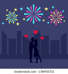 Loving couple kissing under fireworks celebration at night. Valentine day or romantic dating couple concept vector illustration.
