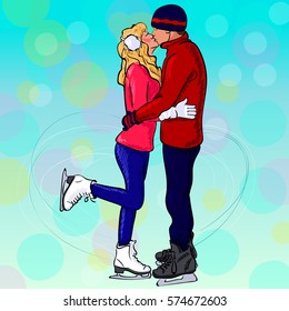 Loving couple kissing while standing on the skates