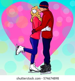 Loving couple kissing while standing on skates on the background of the large heart