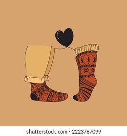 Loving couple in knitted socks. Vector linear illustration.