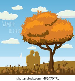 A loving couple in a landscape, wood, sea, flowers, cartoon style, vector illustration