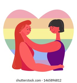 Loving couple of lesbians hugging each other against the LGBT flag background. The two girls are happy together, first girl hugs her girlfriend, and the brunette strokes her face.Equality.Pride.Flat