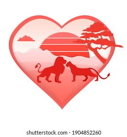 A loving couple of a lion and a lioness specially for Valentine's Day. Couple of enamored predatory animals in red heart, isolated on white background. Vector illustration