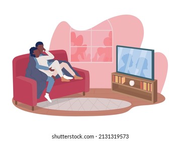 Loving couple in living room 2D vector isolated illustration. Man and woman watching tv. Romantic couple flat characters on cartoon background. Date colourful scene for mobile, website, presentation