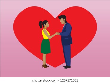 loving couple look at each other against the background of a red heart
