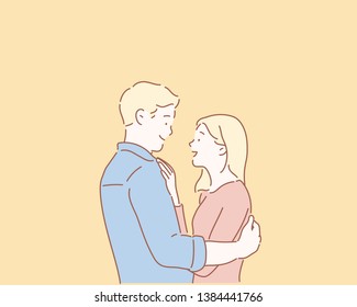 Loving couple looking into each others eyes as they stand holding each other in a moment of tenderness and smiling happily. Hand drawn style vector design illustrations.