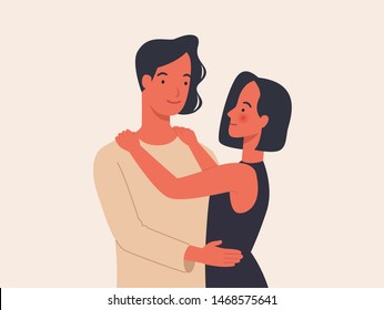 Loving couple looking into each others eyes as they stand holding each other in a moment of tenderness and smiling happily. Vector illustration in a flat style