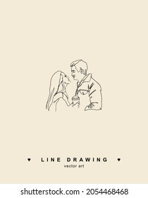 A loving couple looks at each other. The man looks at the woman. A glass of coffee in hands. Vector line drawing of loving couple. Group of hand drawn talking young people. Vector line.