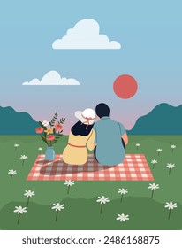 Loving couple looks at the sunset. Picnic scene. Flat style cartoon vector illustration. 