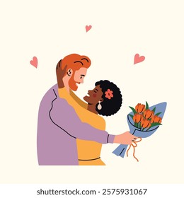 Loving Couple In Love Hugging  with bouquet of flowers. Flat style cartoon vector illustration. 