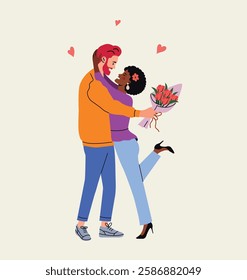 Loving Couple In Love Hugging  with bouquet of flowers. People stand full body. Flat style cartoon vector illustration. 