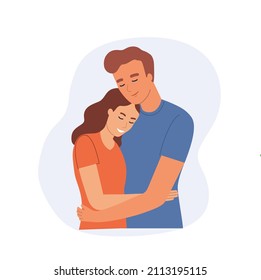 Loving Couple In Love Hugging. Flat style cartoon vector illustration. 
