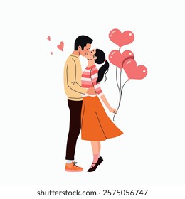 Loving Couple In Love Hugging and kissing with heart balloons. Flat style cartoon vector illustration. 