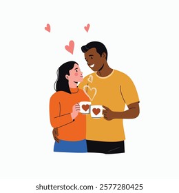 Loving Couple In Love Hugging with mugs. Flat style cartoon vector illustration. 